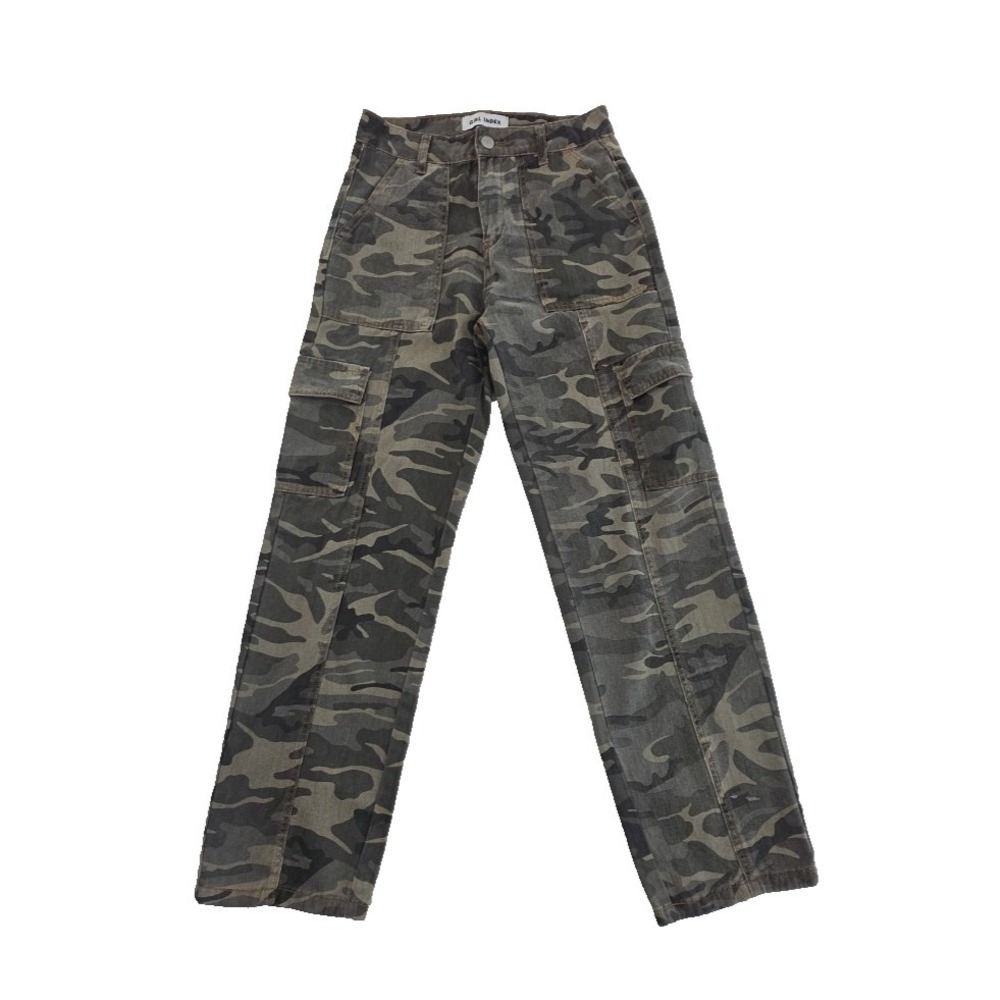 Girl Index Camo Cargo Pants Size 5 (28x30) Green Six Pockets Straight Leg Y2K